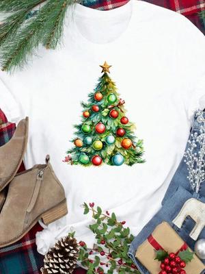 (Asiatische Größe) Stern Trend Niedlich Neujahrsfest Damen Print Feiertags-Tee Top Frohe Weihnachten Lässig Damen Kurzarm Mode Grafik T-Shirts