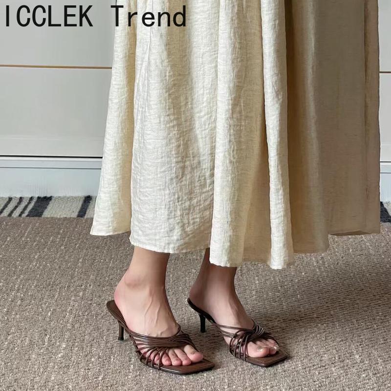 2025 New Summer Concise Narrow Band Women Slippers Fashion Thin Heels Party Pumps Mules Slide Shoes