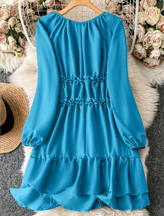 

Shiying Early Autumn Solid Color Ruched V-Neck Casual Loose Layered Ruffle Hem Dress Small зелений