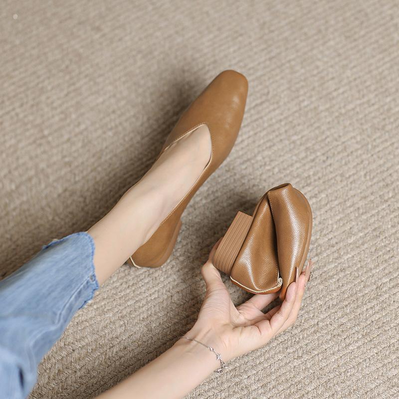 Fashion Womens Shoes Genuine Leather Soft Leather Thick Heel Single Shoes Womens Spring Low Heel Soft Sole Doudou Shoes Large Size 34-44