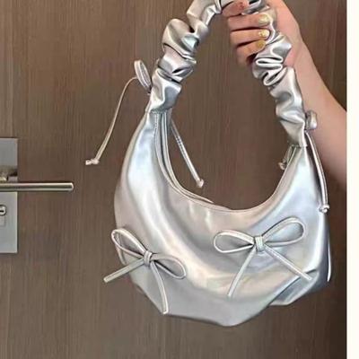 Bow Silver Shoulder Bags Women Sweet Cute Leather Underarm Bag Handbag Female Harajuku Designer Luxury Bag Aesthetic