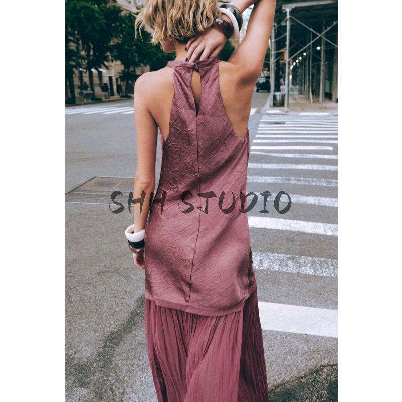Summer New Product Women Clothes French Style Design Sense Hanging Collar Small Pleated Patchwork Midi Dress 5029154