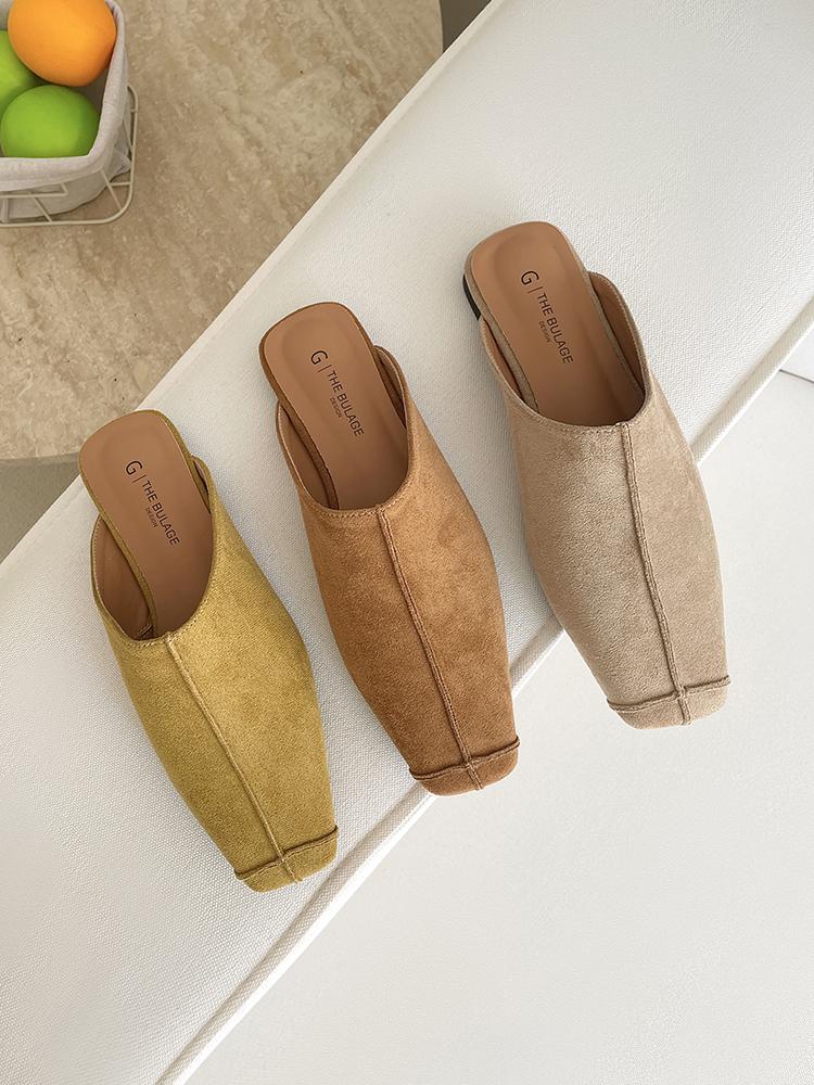 Outwear Square Toe Mules Daily Shoes For Women Retro Flats Slip On French Style Half Slippers Comfort Slides Soft Footbed Suede