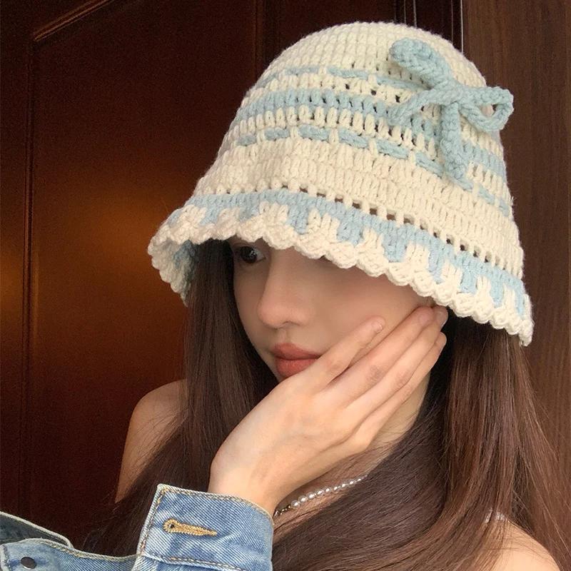Y2K Korean-Japanese Hand Bucket Crochet Bucket Hats For Women Spring Autumn Winter Sun Cap Female Bow Designer Bob Basin Gorro