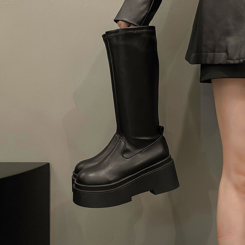 Sense Hohe Ritterstiefel Dicksohlige Trendstiefel Design Enge Stiefel Damen Enge Stiefel Vielseitige Elastische Stiefel