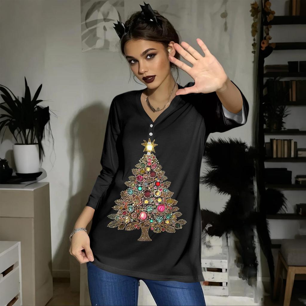 Damska Casualowa Moda Seksowna Wygodna Świąteczny Nadruk Dekolt w Serek Guziki Rękaw Trzy Czwarty Top