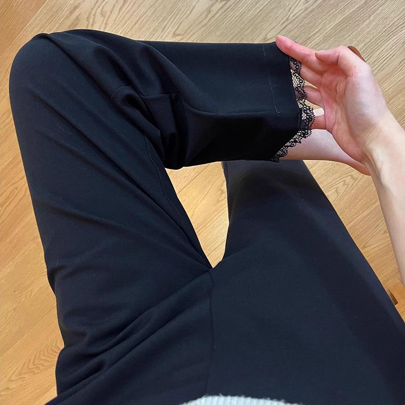 2026 Spring/Summer Women s Stretch Lace Trim Maternity Pants - Slim Straight Petite Cropped M