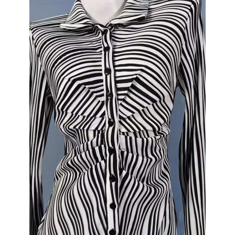 Export Single FN Elastic Fabric Pleated High Waist Black and White Striped Slit Speaker Long Sleeves Dress Plus Plus Size