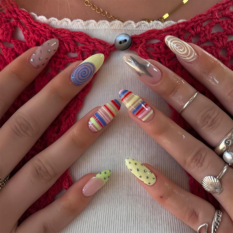24PCS Colorful Stripes Y2k Almond Press on Nails Summer Yellow French Acrylic Nails Sweet Cool Silver Polka Dots Star Fake Nails