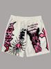 Men Gothic Angel Graffiti 3D Print Mesh Beach Shorts Elastic Drawstring Loose Straight Casual Summer Board Shorts