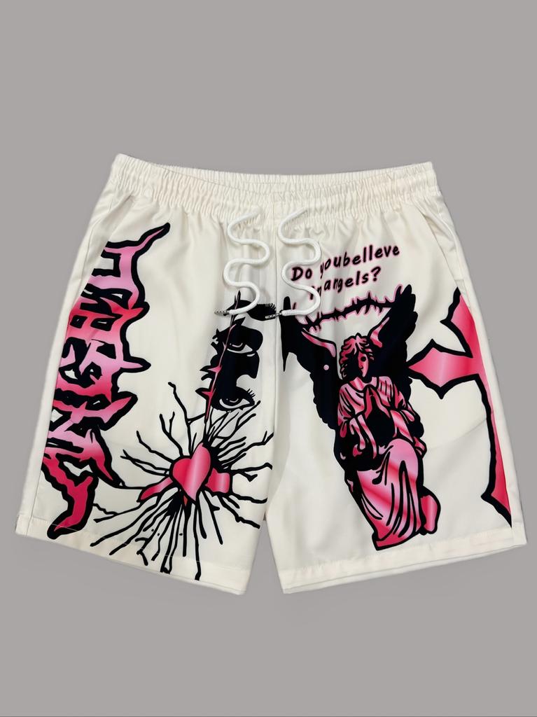 Men Gothic Angel Graffiti 3D Print Mesh Beach Shorts Elastic Drawstring Loose Straight Casual Summer Board Shorts