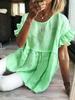 Women Solid Round Neck Ruffle Short Sleeve Blouse Loose Pleated Tunic Top Casual Summer Shirt