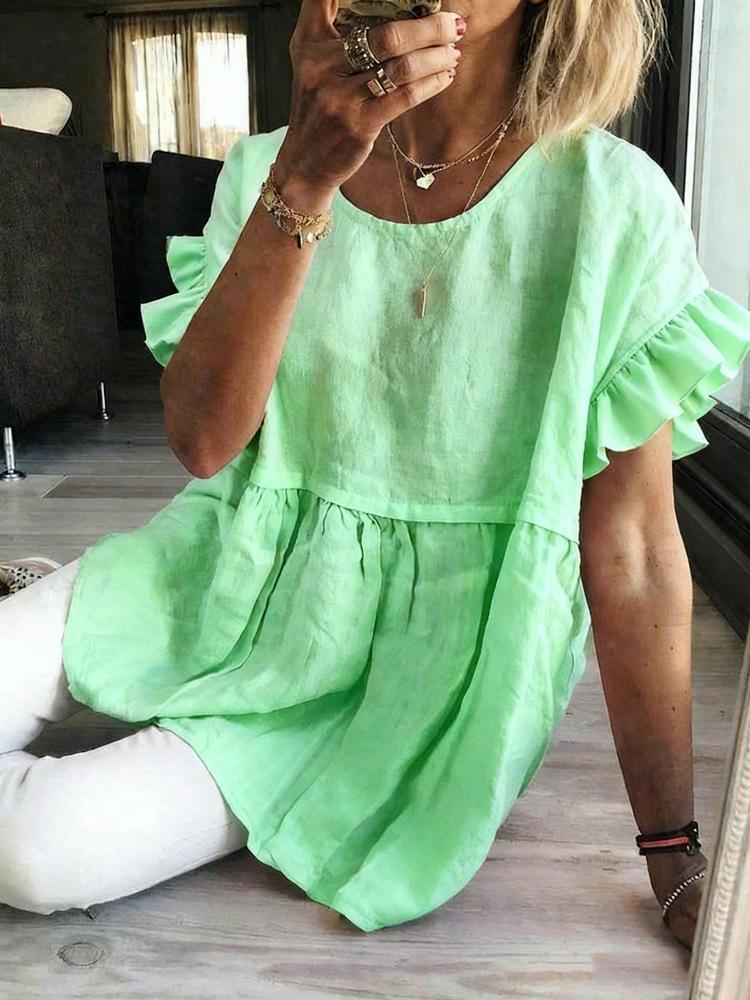 Women Solid Round Neck Ruffle Short Sleeve Blouse Loose Pleated Tunic Top Casual Summer Shirt