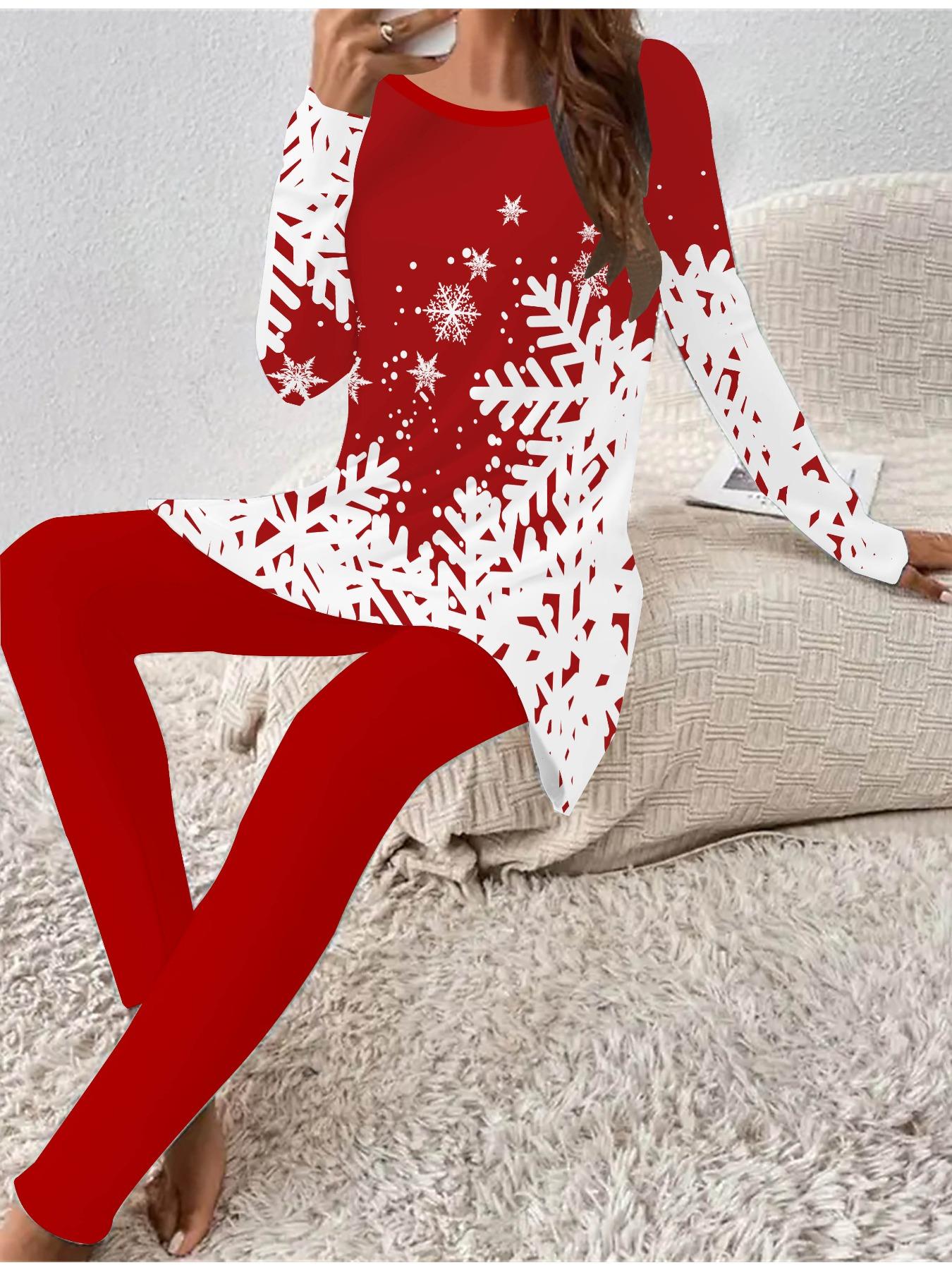 

Евро-американская мода 3D Рождественский принт Женский четырехсезонный комплект из двух предметов: футболка с длинным рукавом + длинные брюки. Идеальный подарок на Новый год и Рождество 8XL белый