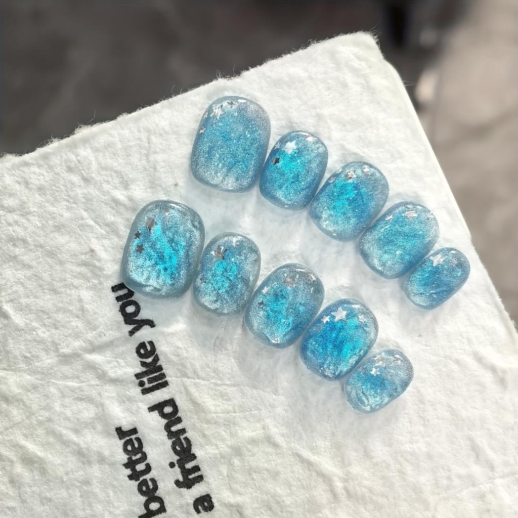 10 Pcs Handmade Ice Blue Ocean Star Short Oval Press On Nails Transparent Texture Reusable False Nails For Women