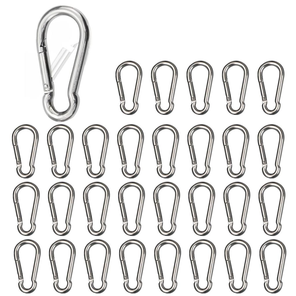 East Leaf Stainless Steel Carabiner Hooks, Keychains, 50kg Load Capacity, 5cm, Set of 30, Silver