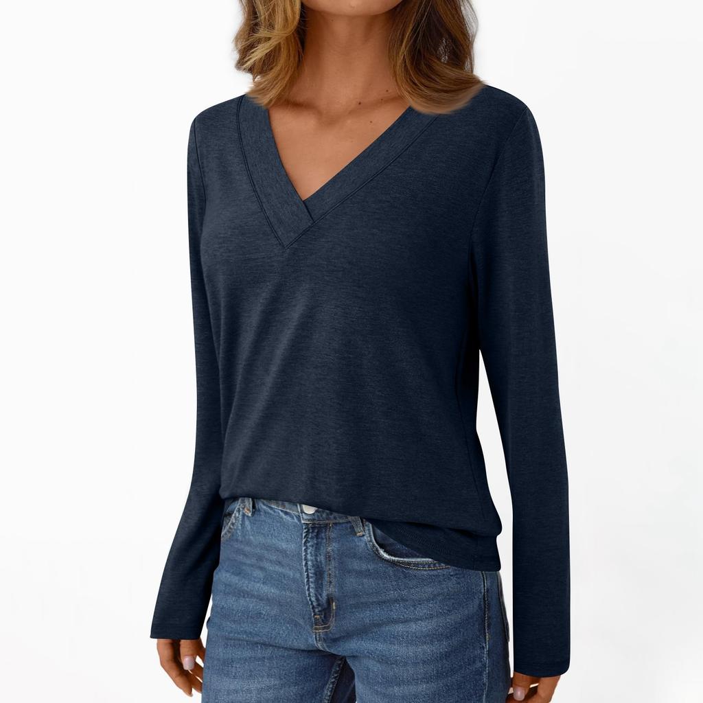 Women's Casual Fashion Brushed Solid Color Long-sleeved V-neck Top T-shirt