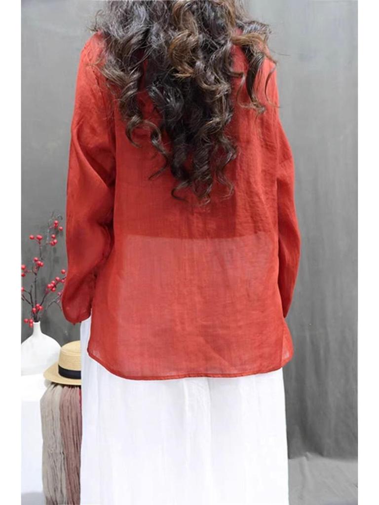 Women's Retro Cotton Linen Long Sleeve Mid-Length Chinese Style Lightweight Pullover Dress