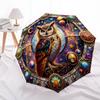 Buntglas Eulen Regenschirm Automatisches Öffnen/Schließen, Stabiler Eisenrahmen & 8-Rippen-Struktur, Regenschirm für Damen & Herren, Weihnachtsgeschenk