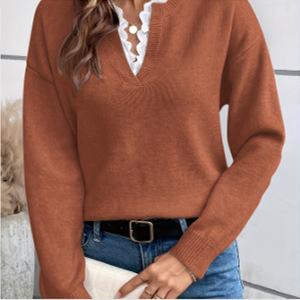 Women S Lace Trim V Neck Solid Color Long Sleeve Knit Sweater S