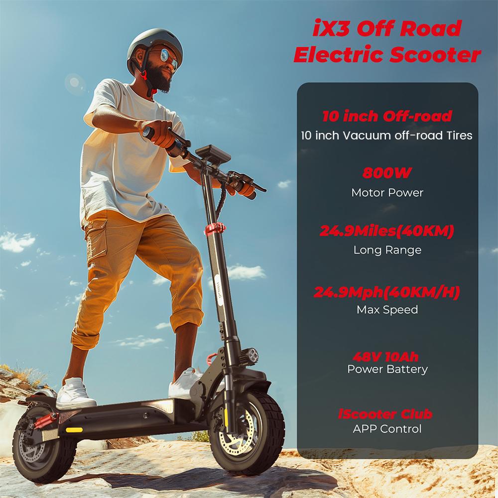 iScooter iX3 Electric Scooter 800W Motor, 10Ah, 40KM Range, 10 Inch Off Road Tire, IPX4 E-Scooter for Adults