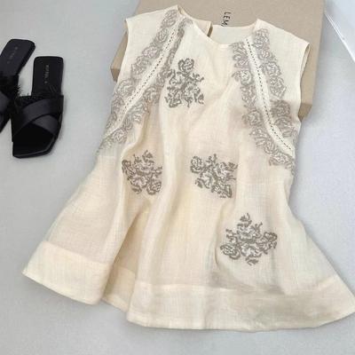Women's Casual Beige Linen Cutout Trim Sleeveless Tank Top