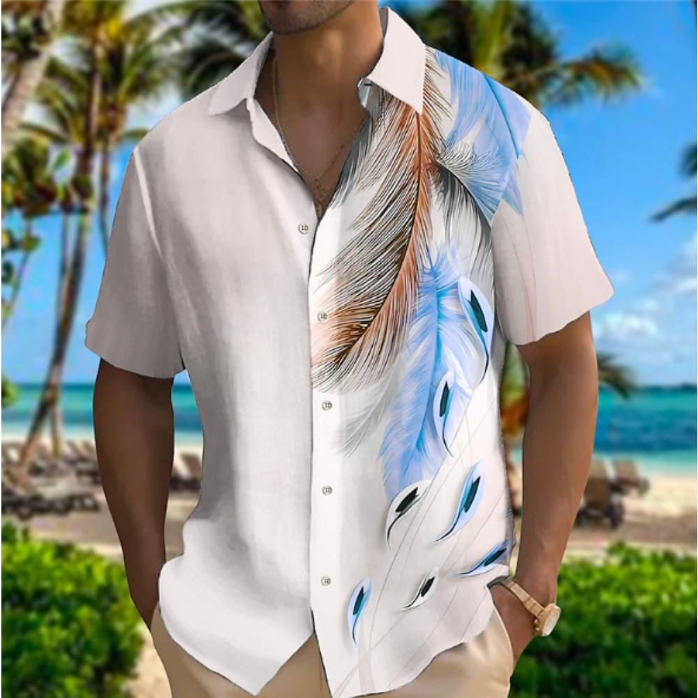 Men's Feather 3D Print Shirt Button Up Shirt Casual Shirt Summer Shirt Short Sleeve Daily Vacation Clothing