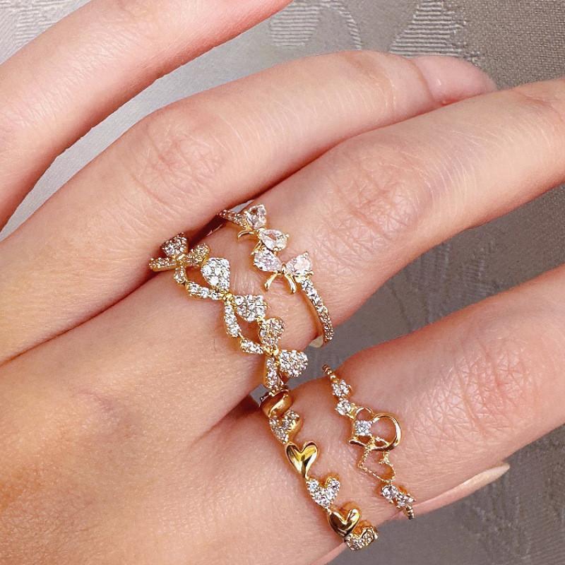 Pink Exquisite Geometric Diamond Heart Pearl Ring For Women Stylish Adjustable Open