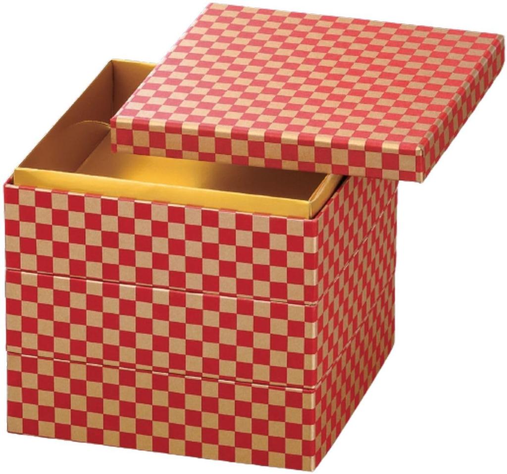 Outdoor Lunch Box Made In 3 Washi Red and Gold Checkered X X J-kitchens (Lunch Box) Japan, Tiers, 7-inch, Paper, Pattern, 22.0cm 22.0cm 17.6cm