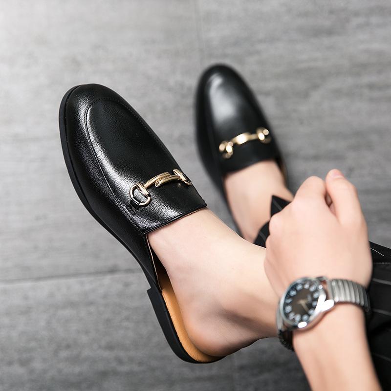 2023 Men's British Style Slip-On Sandals, Half-Open Toe, Closed-Toe, No-Back, Small Leather Shoes