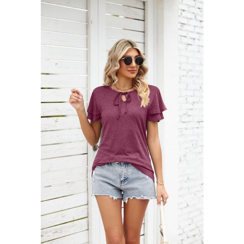 YYFS Damenmode, lässig, Sommer, Frühling, einfarbig, bedruckt, kurzärmelig, V-Ausschnitt, Blusen und Hemden