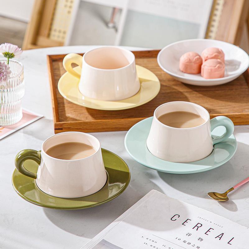 Creative Macaron-colored Ceramic Coffee Cup Saucer Set Exquisite Breakfast Bread Milk Cup Set Modern Ladies' Teacup Couple's Mug