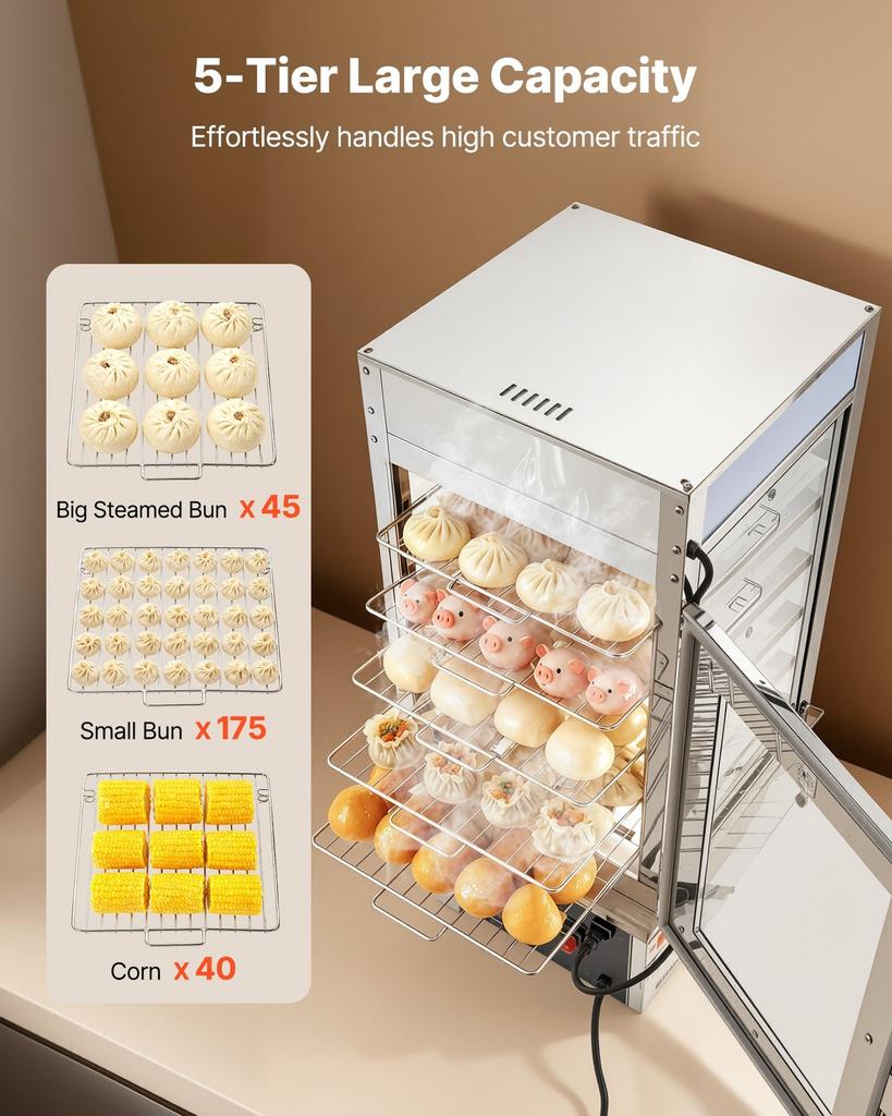 5-Tier Commercial Food Warmer Display, 1200W Food Display Warmer with LED Light, Adjustable Shelf & Stainless Steel Frame, 30~110 Steam Heating, 120L