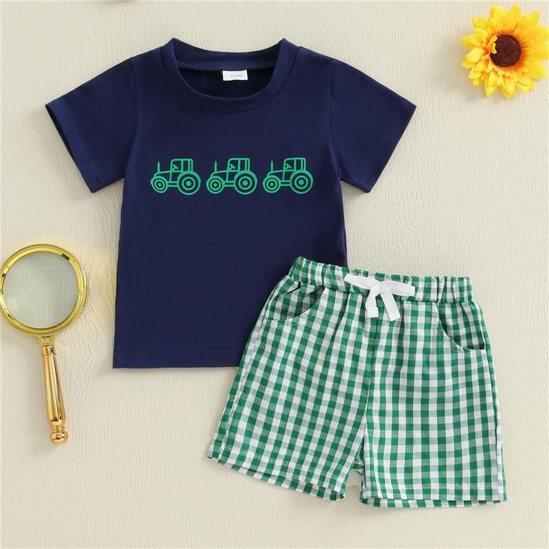 

Summer Baby Boys Clothes Sets Fashion Loose Short Sleeve Car Print T-shirt with Plaid Shorts 2 Piece Outfits 3-6M