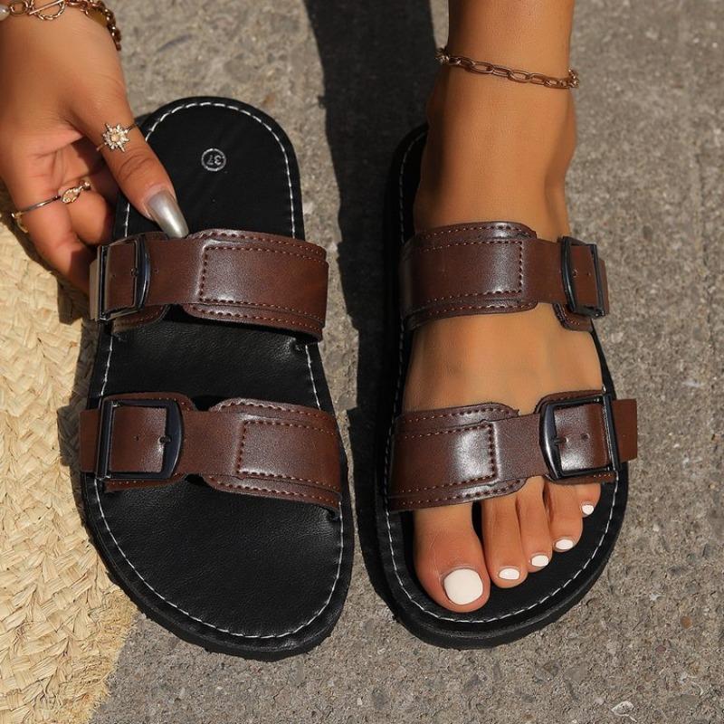 

Large size belt buckle flat slippers women s summer one-word belt sandals women 45 темно-коричневого