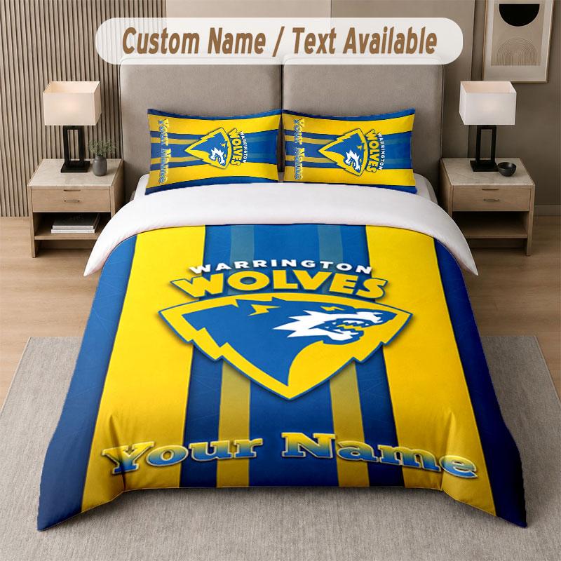 Custom Bedding Set Warrington Wolves FC Pattern, Print Name Text 1 Duvet Cover Plus 2 Pillowcases Home Textile
