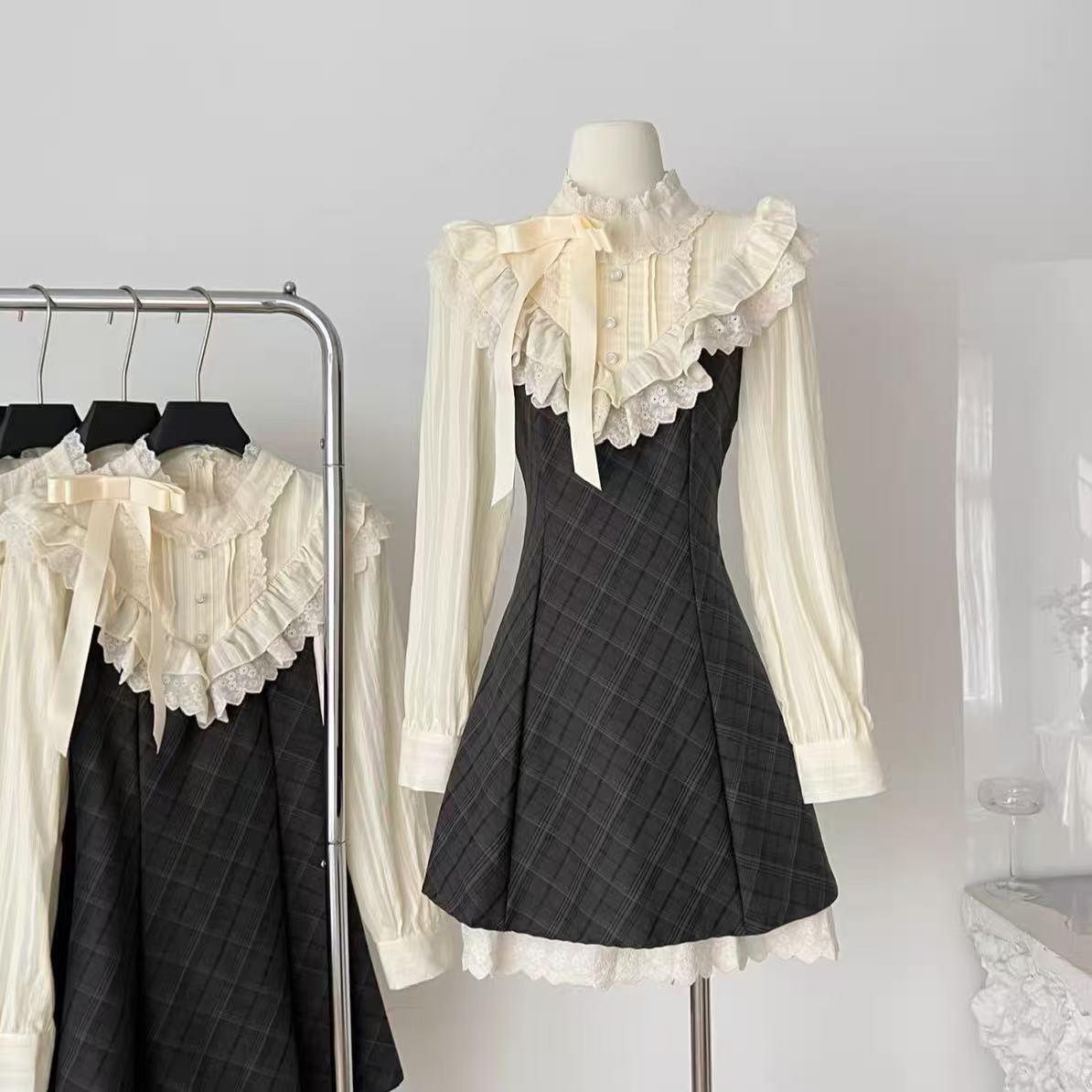 Women s Retro Plaid Dress - Spring/Autumn 2026, Lace Patchwork, Waist-Cinched, Elegant Young Lady s Short Skirt Small