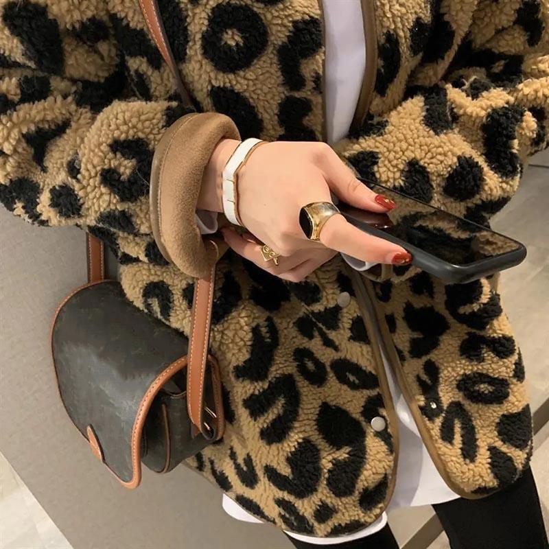 Coats for Women Oversize Cotton Fleece Leopard Fur Coat Autumn Winter Cardigan Casual Long Sleeve Women Coat