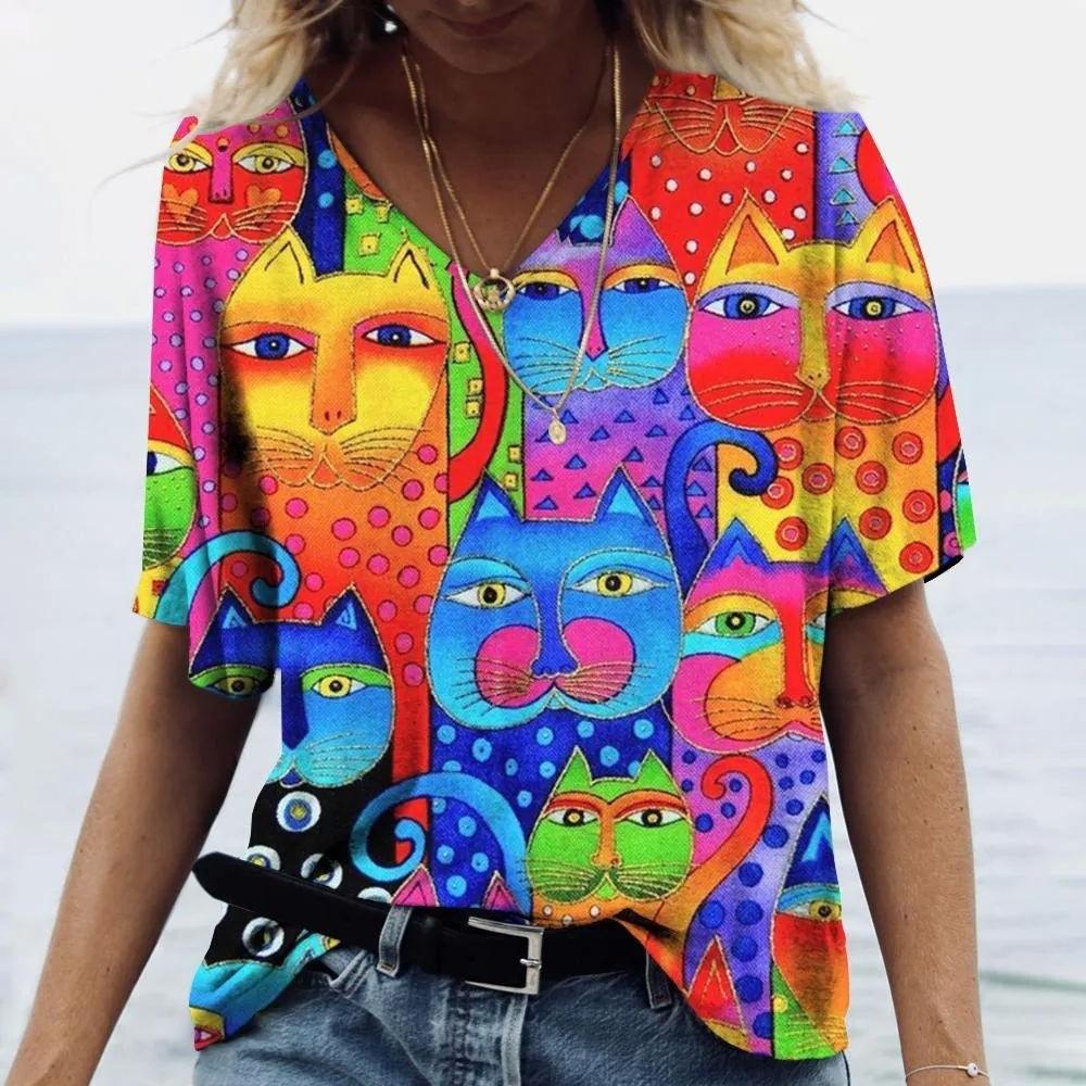 Summer V-neck 3D Cat Printed Top Fashionable Casual Short Sleeved Women's T-shirts