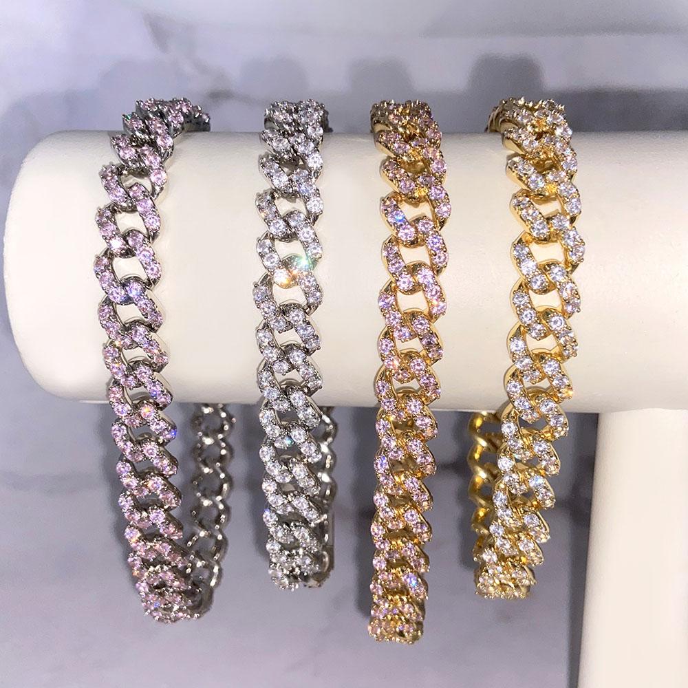 NIEDRIGE MOQ Eisiges Rosa Zirkonia 18 Karat Gold Miami Cuban Link Ketten für Damen Herren