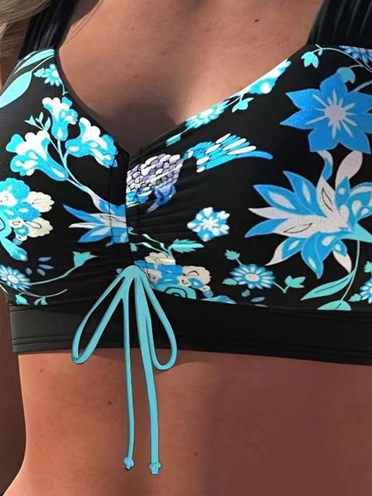 Sexy Swimwear Women Bikinis Set Shirring Two-pieces Beach Wrap Skirt Printed Female Swimwear Fashion Bathing Beachwear