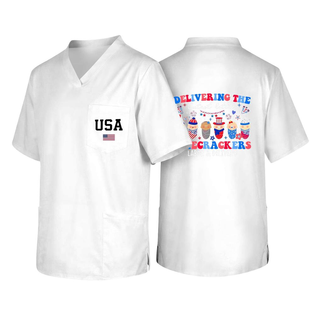 Men's V Neck Work Shirt Short Sleeve Pocket Top with USA Print Suitable for Healthcare and Labor Day Uniforms