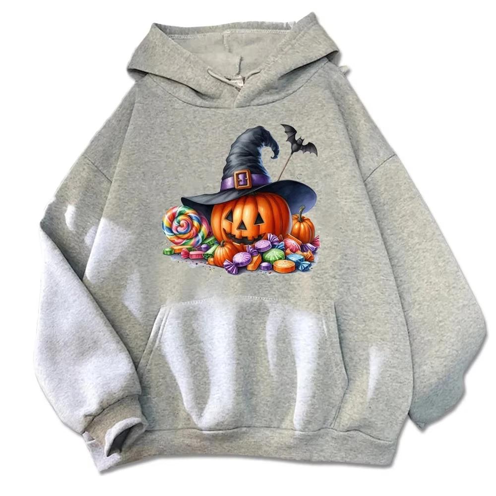 Spooky Halloween Hoodie - Black Base with Witch Hat Pumpkin & Colorful Candy Design Hoodies Unisex Autumn Streetwear Tops