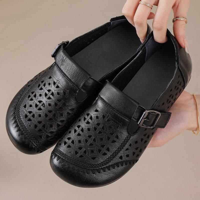 Vintage Exquisite Buckle Flats Women Genuine Leather Handmade Hollow Out Breathable Non Slip Moccasinsladies Summer Dressy Shoes