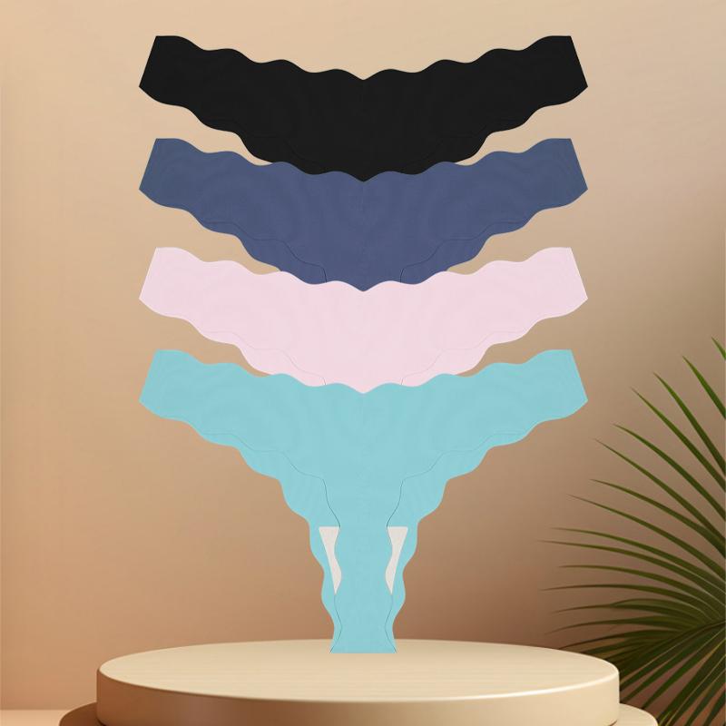4 Stück Nahtlose Damen-Tangas Sexy Eisseide Wellengürtel Höschen Niedrige Taille Unsichtbarer G-String Dehnbarer T-Rücken Atmungsaktive Lingerie