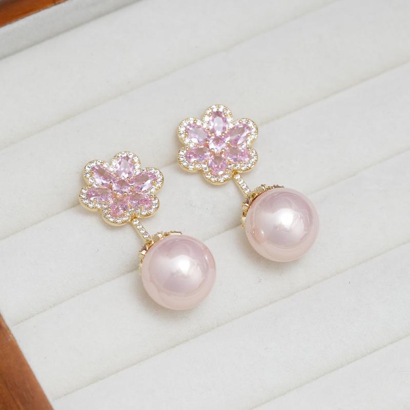 Light Luxury Micro-Inlaid Flower Cherry Blossom Pearl S925 Silver Needle Earrings European And American Micro-Inlaid Zircon Jewelry Factory Wholesale