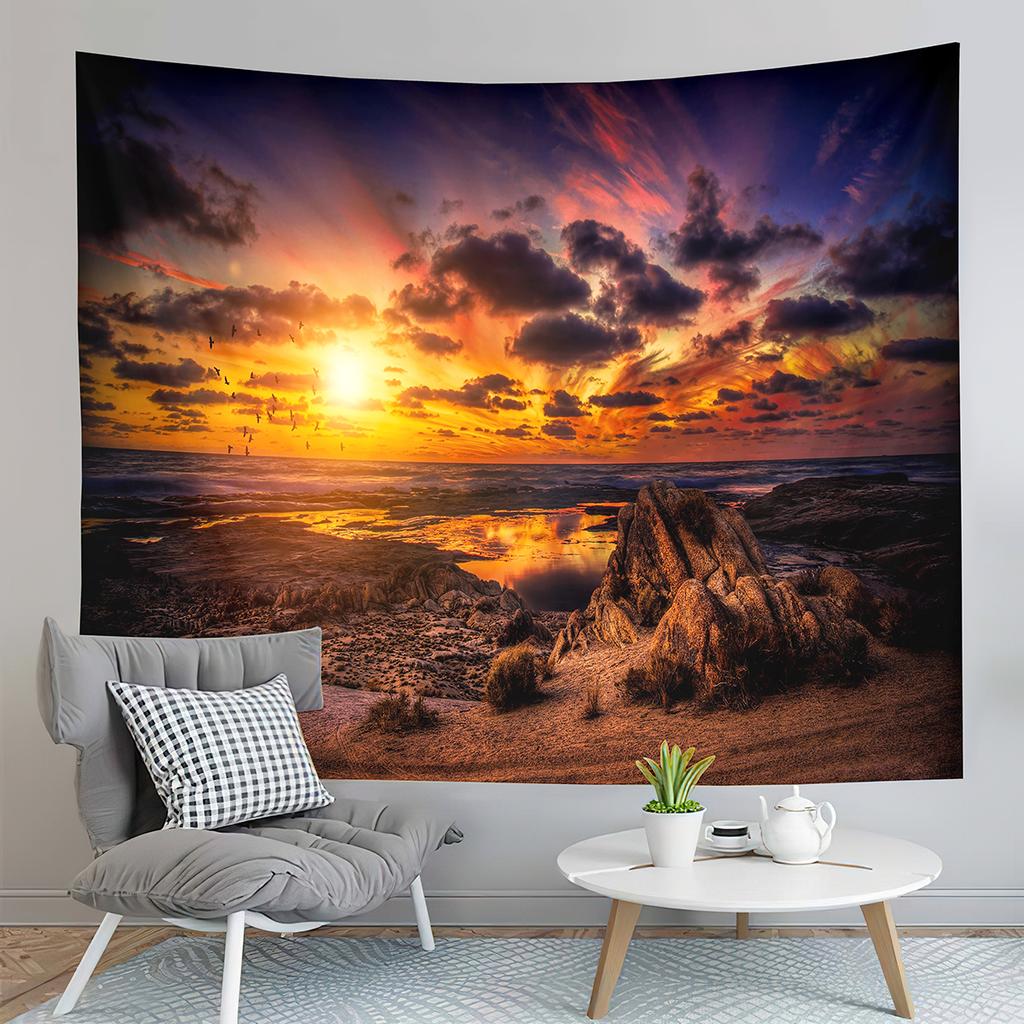 Sunset Beach Tapestry Ocean Waves Tapestry Golden Sky Tapestry Home Living Room Bedroom Dorm Wall Hanging Decorative Blanket
