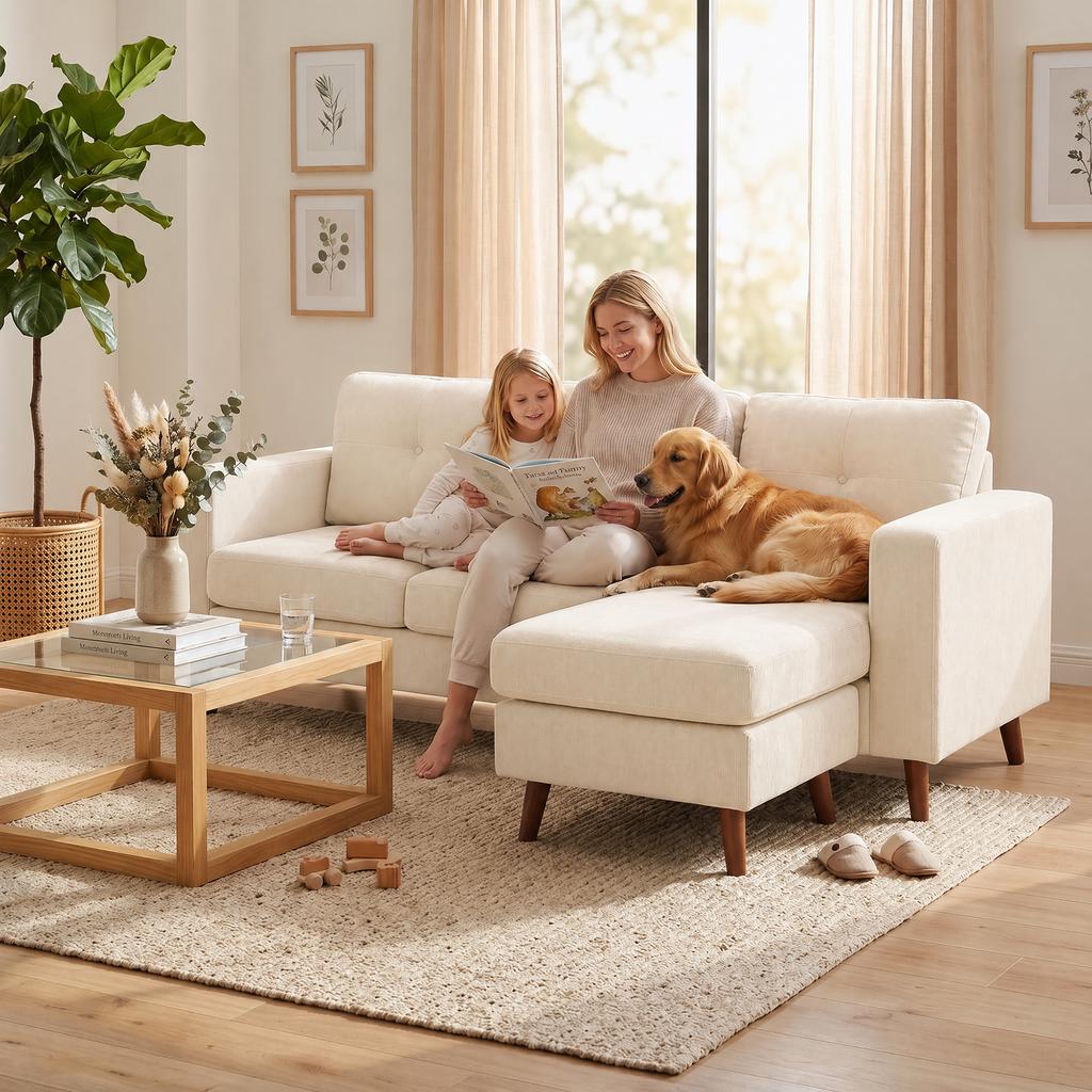 Corner Sofa 192 Cm L-Shape 3-Seater Sofa with Reversible Chaise Longue, Corduroy Look, for Small Spaces, Cream White