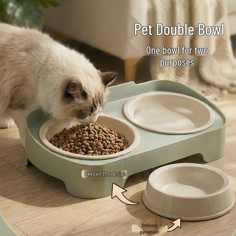 Eco-friendly Double Cat & Dog Bowl: Slanted Design for Cervical Protection - Food & Water Bowl