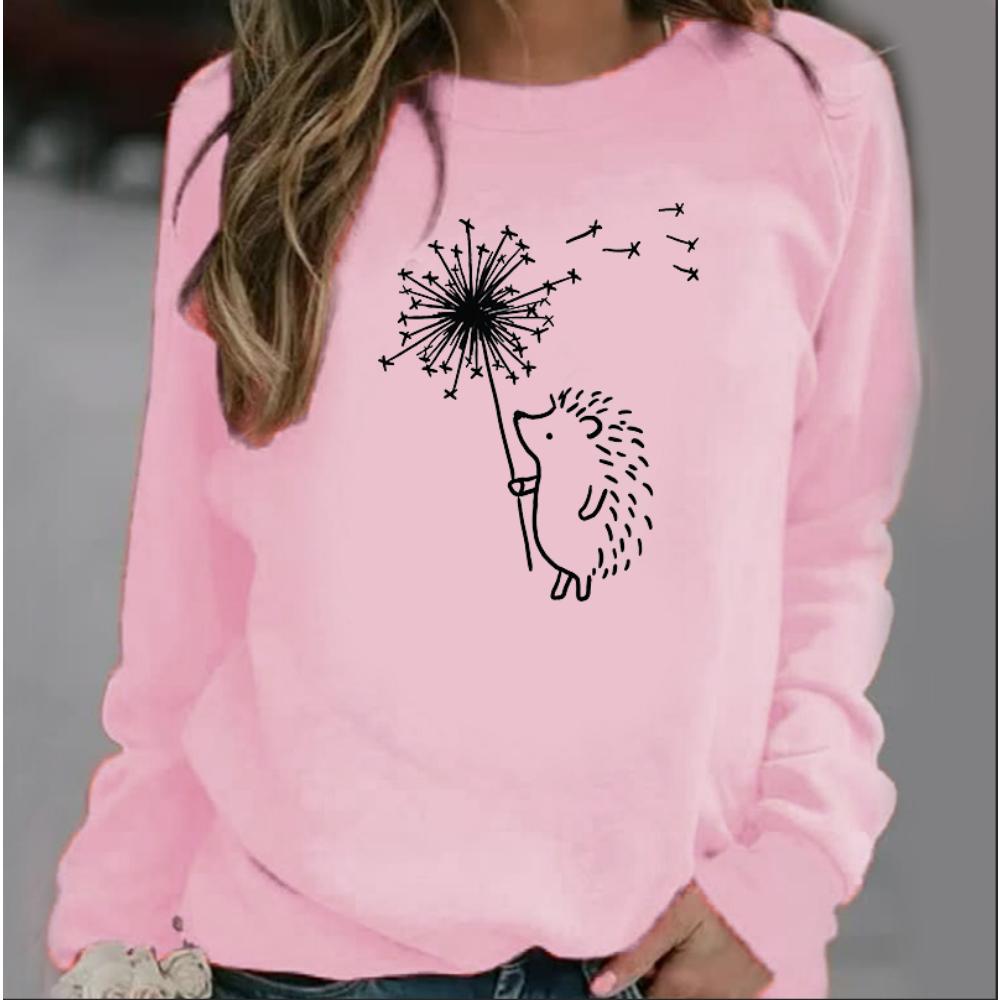 Creative Hedgehog Print Round Neck Casual Hoodie Round Neck Top Winter Clothes Women  Sweatshirt  Streetwear Women
